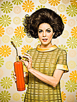 女人,20世纪60年代,风格,连衣裙,花,壁纸,拿着,喷灯