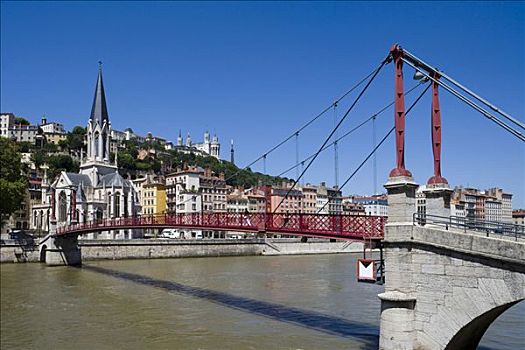 桥,河,步行桥,里昂,隆河阿尔卑斯山省,法国