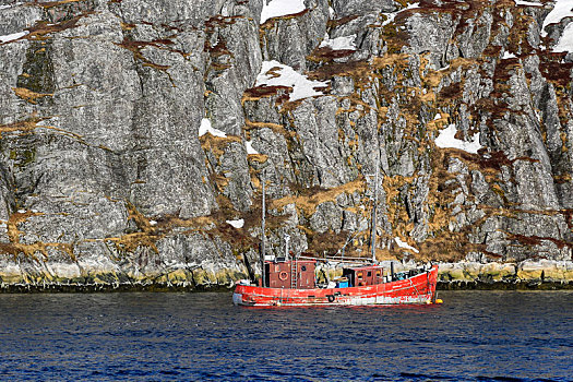 孤单,渔船,漂浮,靠近,陡峭,悬崖,努克,峡湾,格陵兰