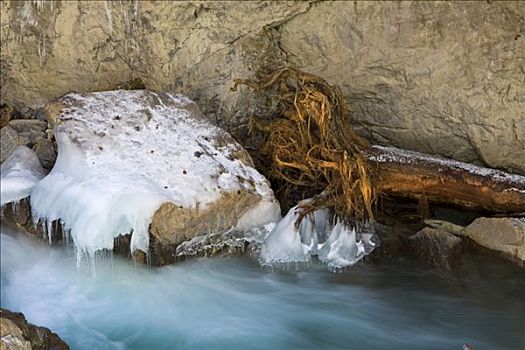 冰柱,峡谷,冬天,加米施帕藤基兴,巴伐利亚,德国,欧洲