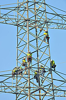 上方,架线工,工作,高压电塔,巴登符腾堡,德国,欧洲