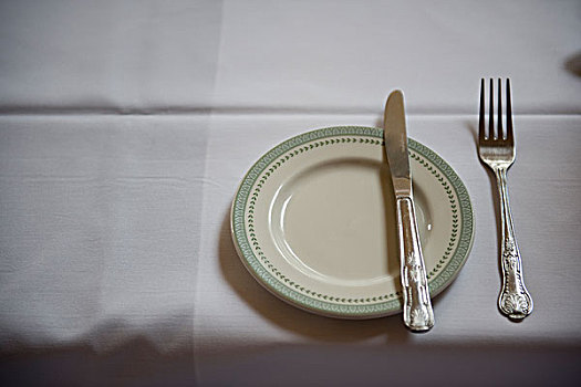 小,盘子,刀,叉子,白色,桌布
