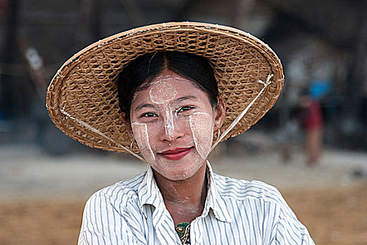 女人,戴着,草帽,脸,微笑,头像,若开邦,缅甸,亚洲