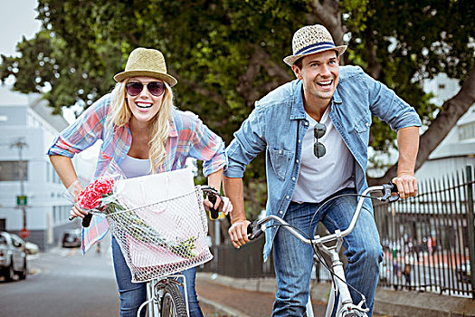 时尚,年轻,情侣,骑自行车