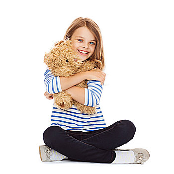 孩子,玩具,购物,概念,可爱,小女孩,搂抱,泰迪熊