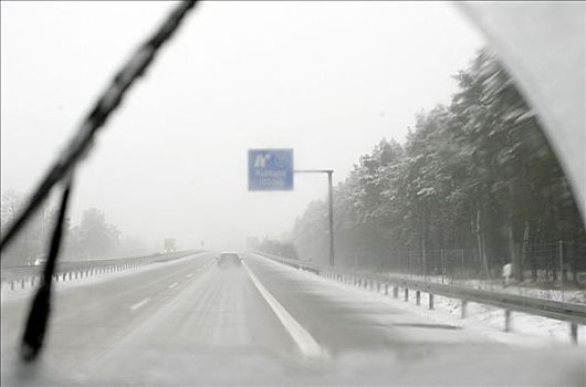 下雪,穷,能见度,德国,高速公路,冬天