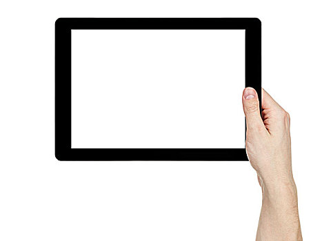 男人,握着,平板电脑,白色,显示屏,隔绝,白色背景