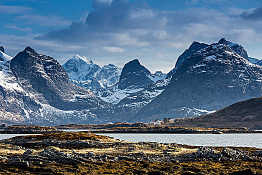 雪,晴朗,崎岖,山,罗弗敦群岛,挪威