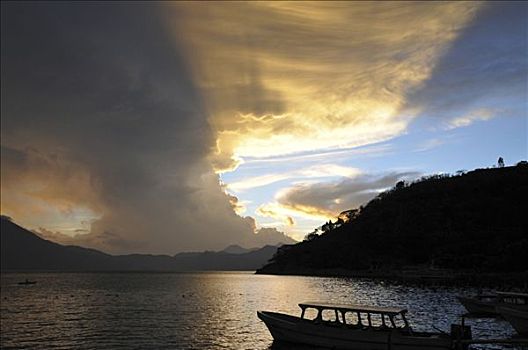日落,逆光,船,湖,危地马拉,中美洲