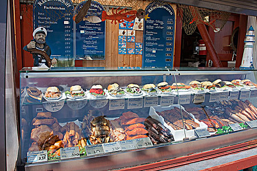 鱼肉,三明治,鲜鱼,销售,港口,萨斯尼茨,梅克伦堡前波莫瑞州,德国,欧洲