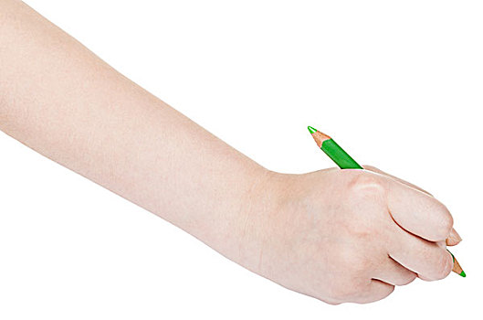手,颜料,绿色,铅笔,隔绝,白色背景