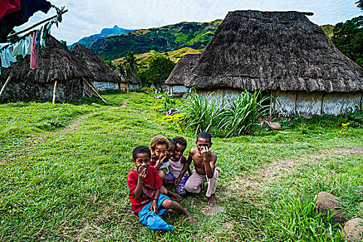 孩子,传统,茅草屋顶,屋顶,小屋,高地,维提岛,斐济,南太平洋