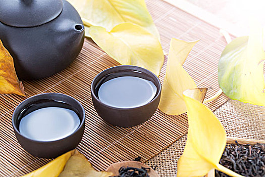 经典的黑色茶壶和秋季的落叶