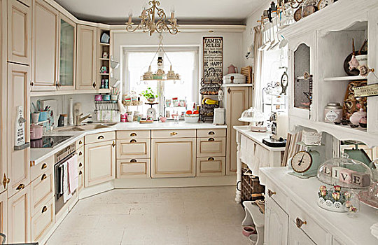 合适,厨房,乳白色,杂乱,装饰,白色背景,柜橱,器具,淡色调
