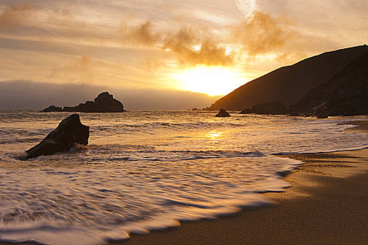 加利福尼亚,大,海滩,日落,长时间曝光