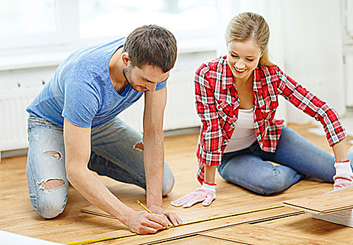 修理,建筑,家,概念,微笑,情侣,测量,木地板