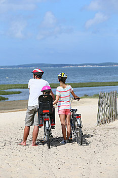 家庭,自行车,旅途,制作,停止,海滩