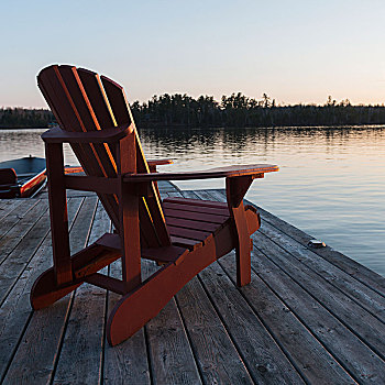 红色,宽木躺椅,坐,木质,码头,湖,日落,木头,安大略省,加拿大