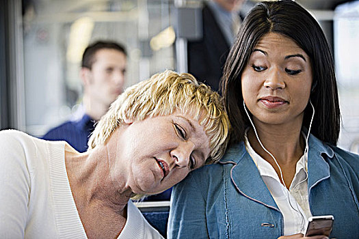 女人,睡觉,肩部,地铁