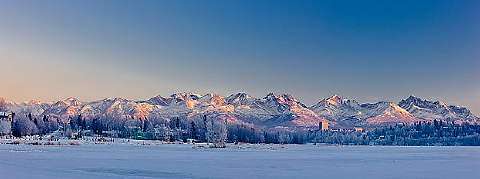 全景,日落,粉色,发光,上方,楚加奇山,阿拉斯加,冬天