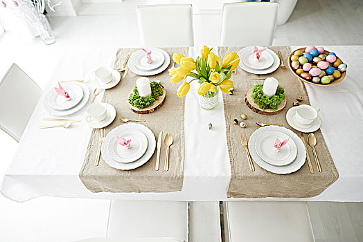 兔子,餐巾,碗,彩色,复活节彩蛋,餐桌