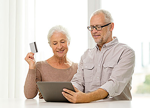 家庭,科技,岁月,人,概念,高兴,老年,夫妻,平板电脑,电脑,信用卡,在家