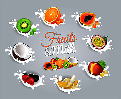 水果,牛奶,彩色,铭刻,中心,灰色背景,矢量,插画,设计,绿色,猕猴桃,美味,橙色,椰子,甜,香蕉,草莓,蓝莓,灰色