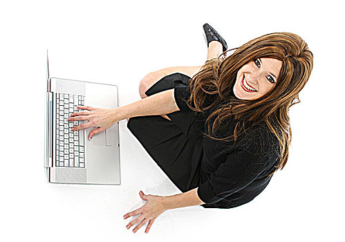 俯拍,职业女性,工作,笔记本电脑,微笑