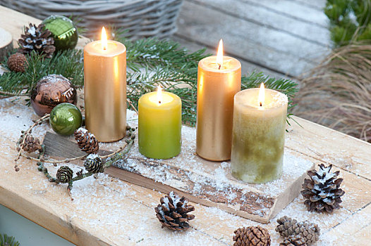 简单,蜡烛,装饰,木板,圣诞树球
