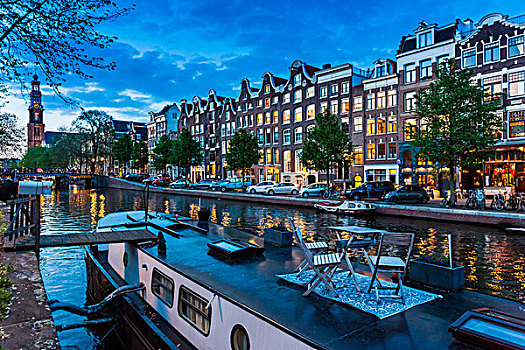 桌子,椅子,上面,船屋,停泊,运河,黄昏,阿姆斯特丹,荷兰