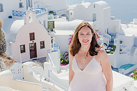 女人,姿势,白色涂料,教堂,建筑,背景,锡拉岛,希腊