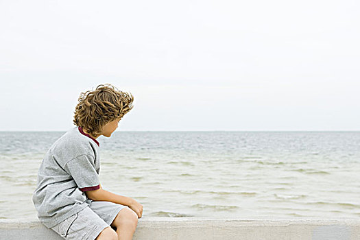男孩,坐,矮墙,海滩,观景