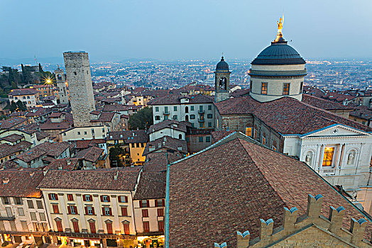 大教堂,贝加莫,俯视,黄昏,城镇,伦巴第,意大利