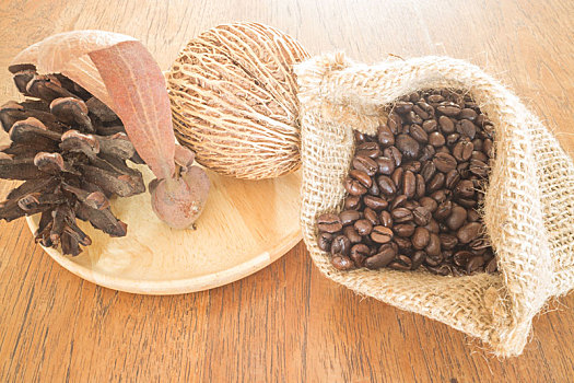 咖啡,烤,咖啡豆,木桌子,旧式,风格