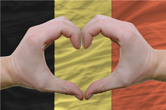 心形,喜爱,手势,展示,上方,旗帜,比利时,背影