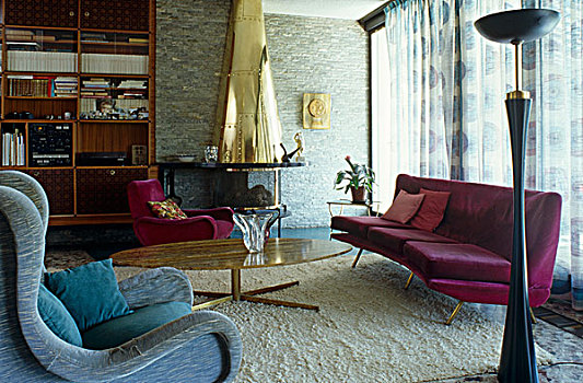 50年代风格,客厅,复古,家具,书架,锥形,黄铜,壁炉