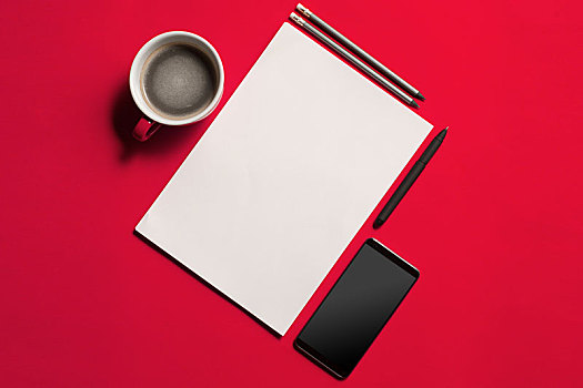 现代,红色,办公室,书桌,桌子,智能手机,咖啡杯