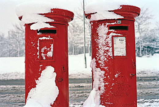 两个,红色,柱子,盒子,雪,旁侧,道路,灰色,半融雪,背景,树,格拉斯哥,苏格兰