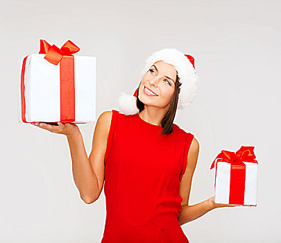 圣诞节,圣诞,冬天,高兴,概念,微笑,女人,圣诞老人,帽子,许多,礼盒