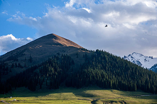 新疆伊犁新源县那拉提草原亚高山草甸航拍的直升飞机
