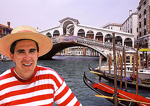 威尼斯,意大利,平底船船夫,正面,雷雅托桥