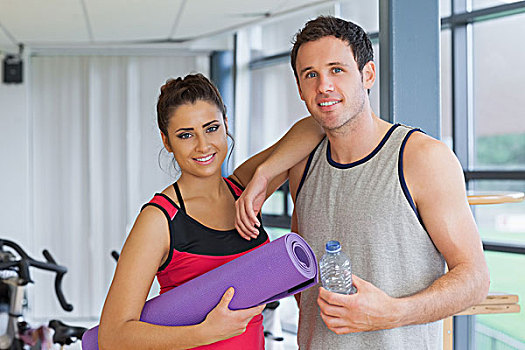 健身,情侣,水瓶,练习垫,训练,房间