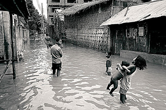 人,涉水,洪水,水,社区,城市,孟加拉,十一月,2007年