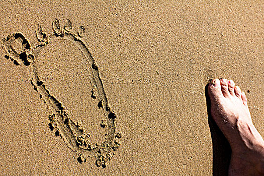 在海滩边黄色细腻海沙上的脚印