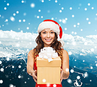圣诞节,休假,庆贺,人,概念,微笑,女人,红裙,礼盒,上方,蓝色,雪,背景