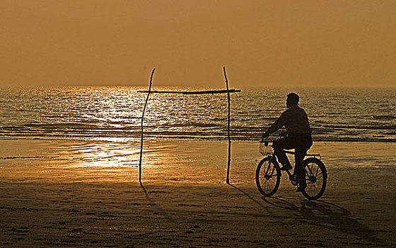 日落,海滩,孟加拉,一月,2007年