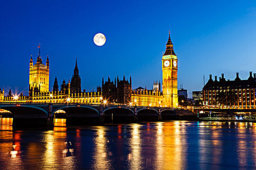 满月,高处,大本钟,国会,伦敦,团结