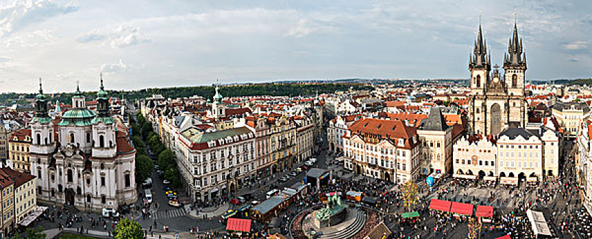 教堂,提恩教堂,圣母大教堂,正面,老城广场,全景,布拉格,捷克共和国,欧洲