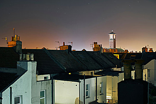 俯视图,联排房,屋顶,钟楼,夜晚,布莱顿,东苏塞克斯,英格兰