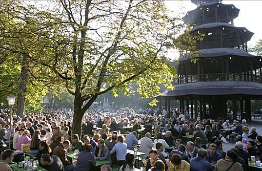 慕尼黑,德国,2005年,人,坐,啤酒坊,中式塔,秋天,英式花园